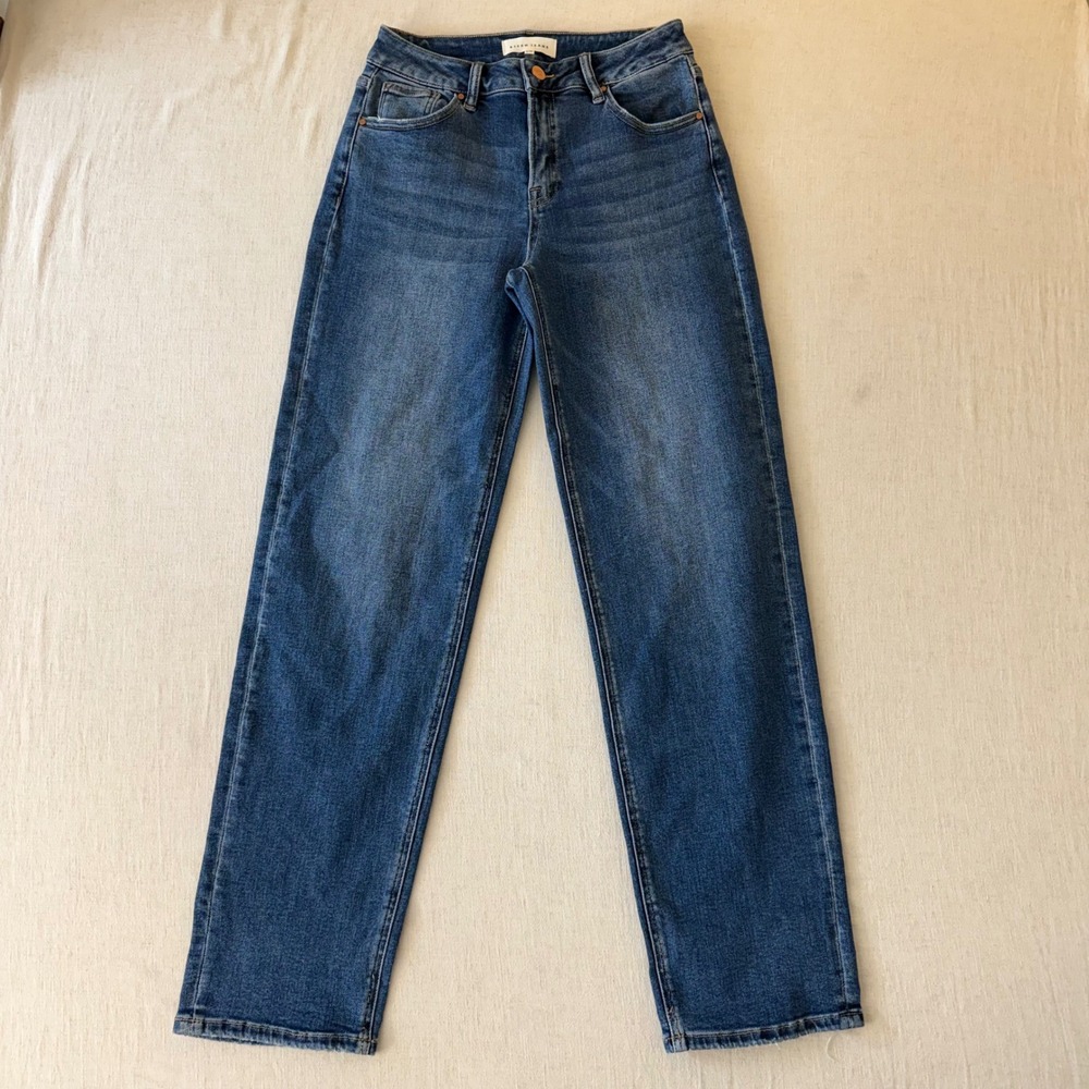 Risen Straight Leg Jeans Womens 3/26 Blue Medium Wash Distressed High Rise Denim